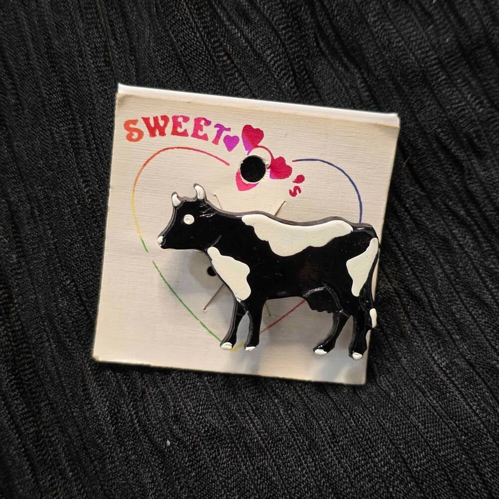 Vintage Black White Cow Brooch Enamel Farm Animal Pin Cottagecore Dairy Cow